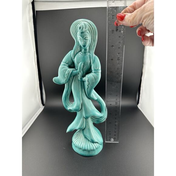 Vintage Turquoise Glazed Ceramic Figurine of Guanyin Buddist Goddess 11 Inches - Picture 7 of 7